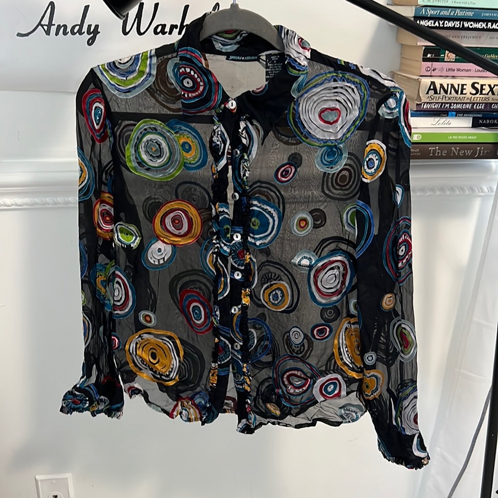 Funky sheer top with velvet circle pattern
